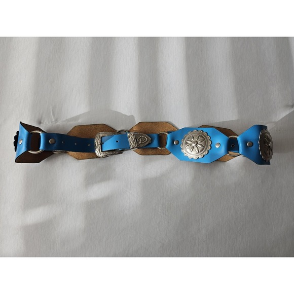 Vtg Blue Leather Octagon Concho Western Boho Hippie Silver Buckle Belt - Picture 6 of 11